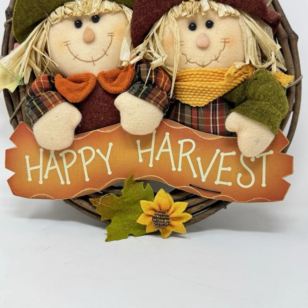 Vintage Happy Harvest‎ Grapevine Fall Scarecrows Door Hanger Wreath 16